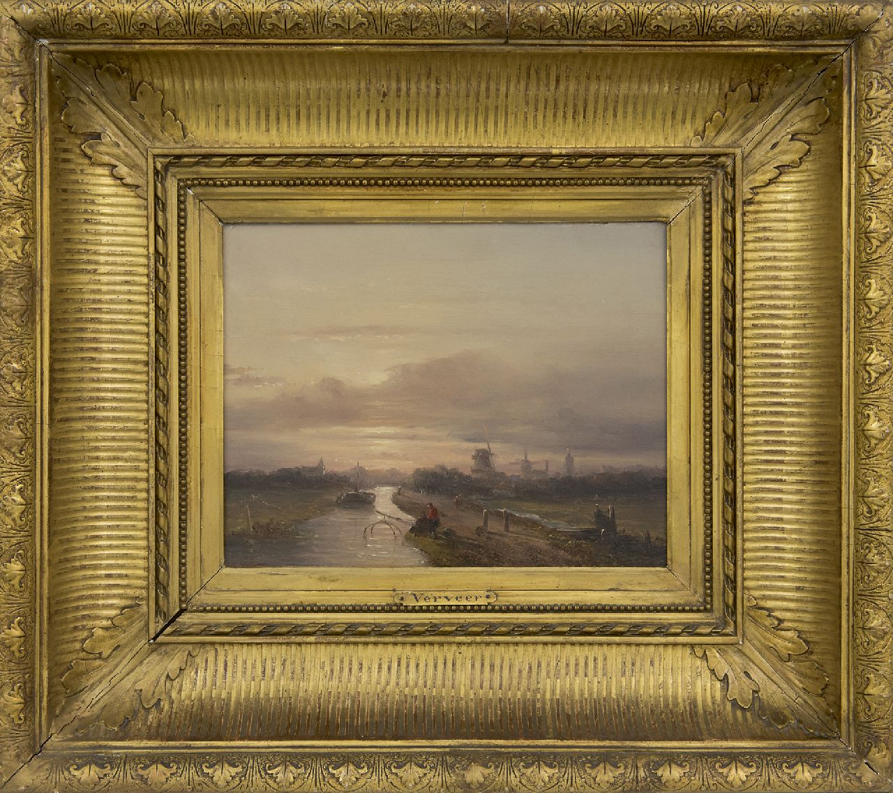 Verveer S.L.  | 'Salomon' Leonardus Verveer | Gemälde zum Verkauf angeboten | Zwei Fischer an einem Kanal bei untergehender Sonne, Öl auf Holz 17,5 x 23,2 cm, Unterzeichnet r.u.