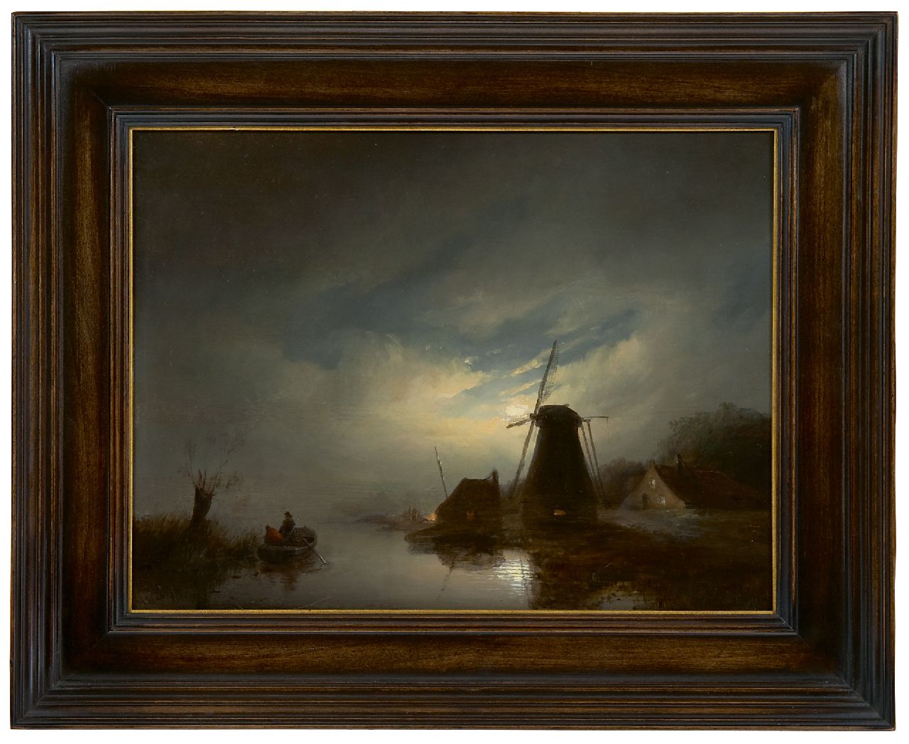 Vester W.  | Willem Vester | Gemälde zum Verkauf angeboten | Flusslandschaft mit Mühle im Mondlicht, Öl auf Tafel 28,1 x 37,2 cm, Unterzeichnet l.u.