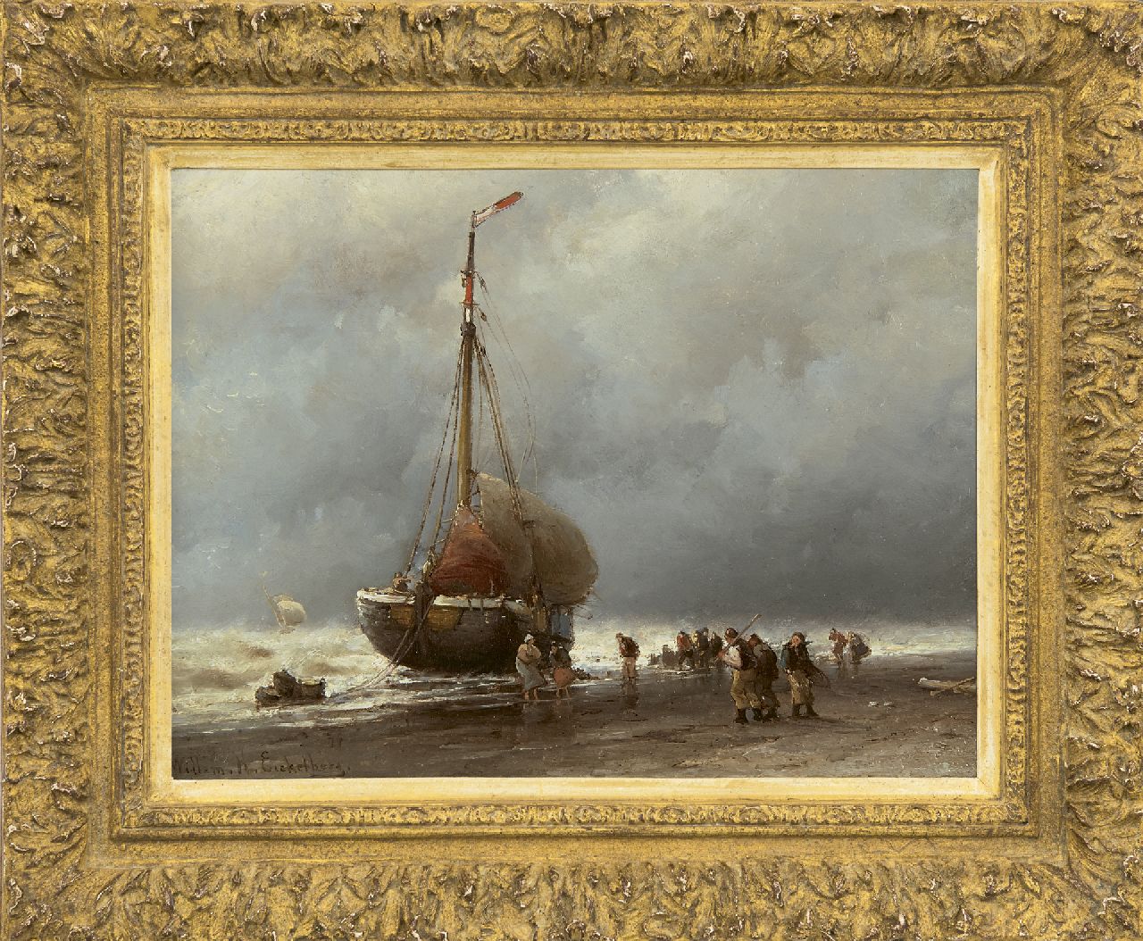 Eickelberg W.H.  | Willem Hendrik Eickelberg | Gemälde zum Verkauf angeboten | Entladen des Fischzuges im Sturm, Öl auf Holz 26,8 x 35,0 cm, Unterzeichnet l.u.