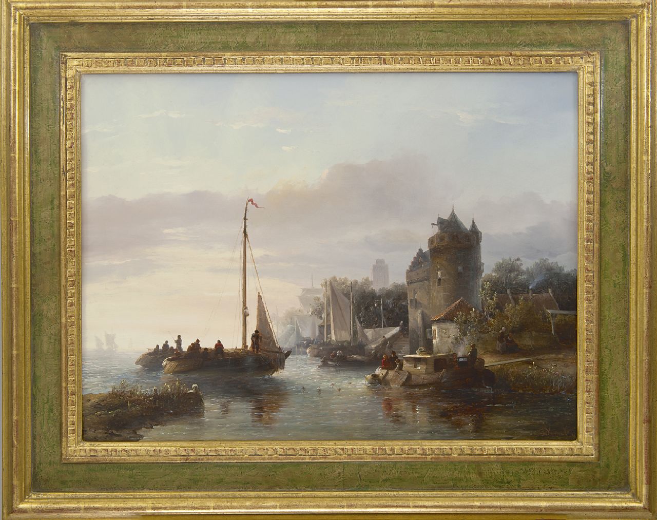 Verveer S.L.  | 'Salomon' Leonardus Verveer, Betriebsamkeit auf dem Fluss mit in der Ferne die Grote Kerk von Dordrecht, Öl auf Holz 42,8 x 57,9 cm, Unterzeichnet r.u. und datiert '47