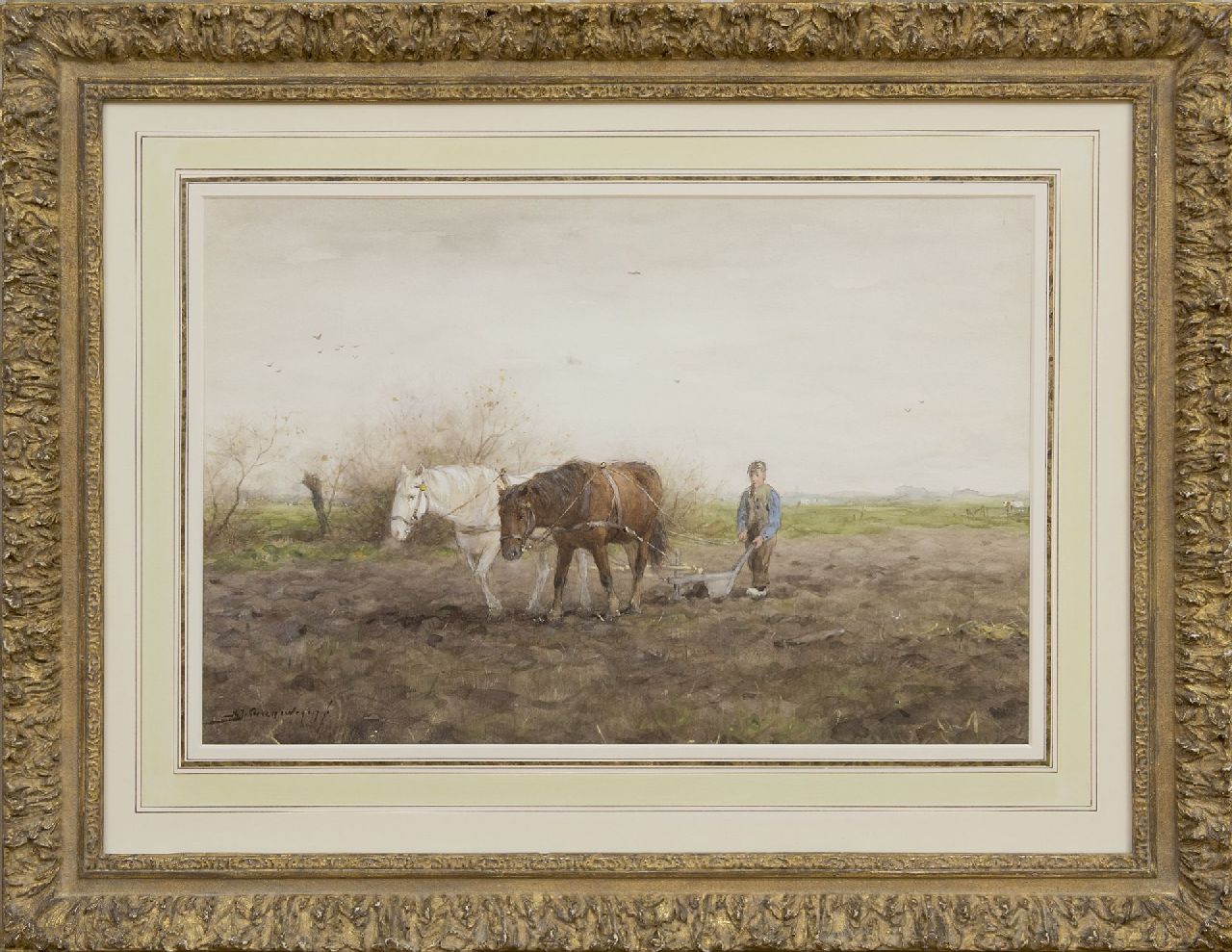 Groenewegen A.J.  | Adrianus Johannes Groenewegen | Aquarelle und Zeichnungen zum Verkauf angeboten | Pflugender Bauer, Aquarell auf Papier 35,2 x 52,4 cm, Unterzeichnet l.u.