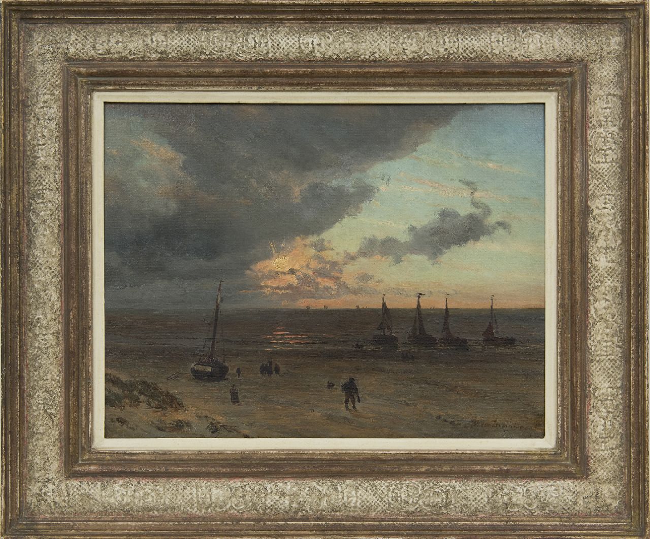 Deventer W.A. van | 'Willem' Anthonie van Deventer | Gemälde zum Verkauf angeboten | Strandansicht mit Fischerbooten bei untergehender Sonne, Öl auf Papier auf Holz 32,0 x 41,6 cm, Unterzeichnet r.u.