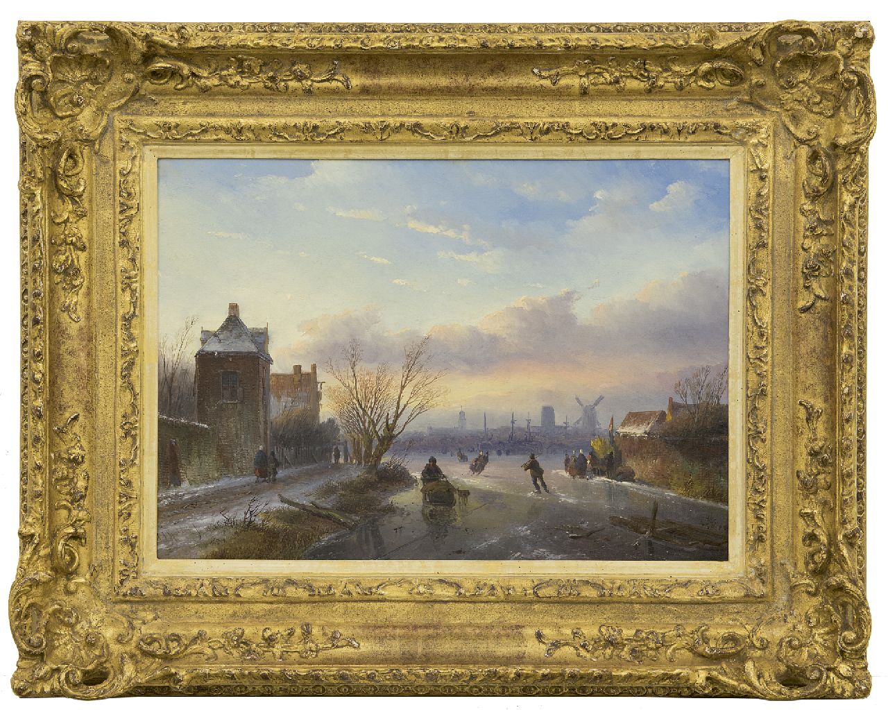 Spohler J.J.  | Jan Jacob Spohler, Schlittschuhläufer auf zugefrorenem Fluss bei einer Stadt, Öl auf Holz 30,5 x 43,0 cm, Unterzeichnet u.l.