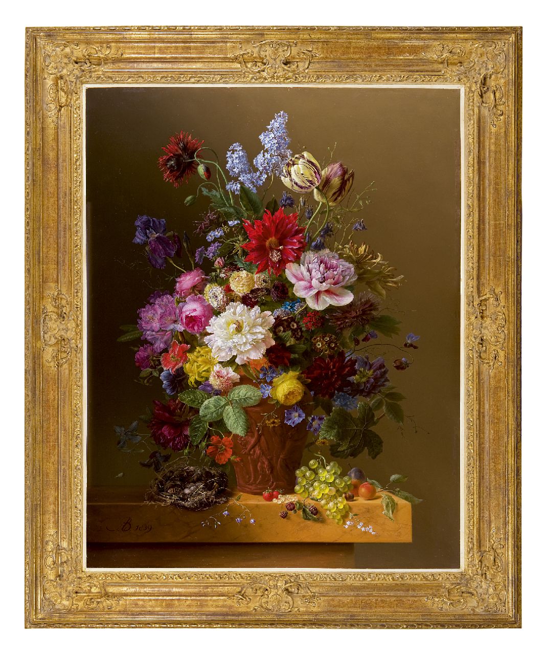 Bloemers A.  | Arnoldus Bloemers, Blumen in einer Terrakotta-Vase auf einer Marmorplatte, Öl auf Holz 104,2 x 81,4 cm, Unterzeichnet l.u. mit Monogramm und datiert 1839