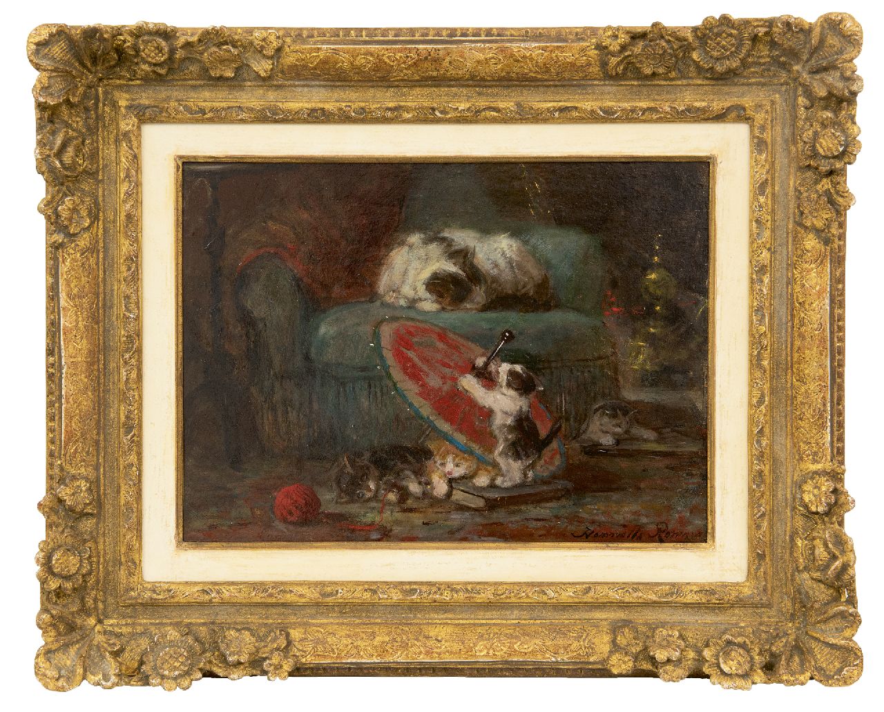 Ronner-Knip H.  | Henriette Ronner-Knip, Spielende Kätzchen mit einem japanischen Sonnenschirm, Öl auf Papier auf Holz 27,3 x 36,8 cm, Unterzeichnet r.u. und l.u. und zu datieren um 1890