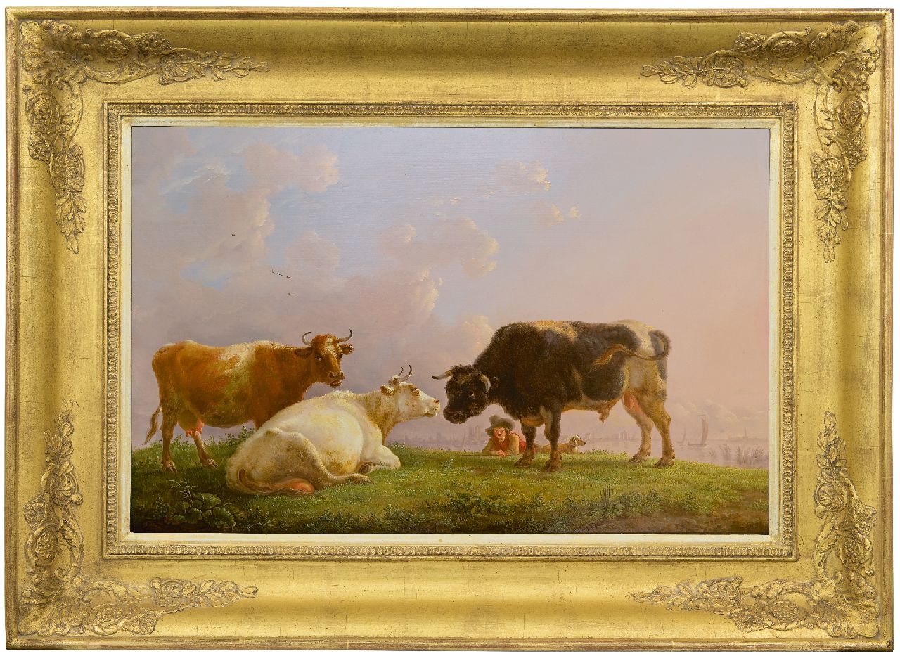 Roy J.B. de | Jean Baptiste de Roy | Gemälde zum Verkauf angeboten | Hirtenjunge mit Kühen und einem Stier, in der Ferne eine Stadt, Öl auf Holz 41,5 x 64,5 cm, Unterzeichnet u.r. und zu datieren um 1825-1835