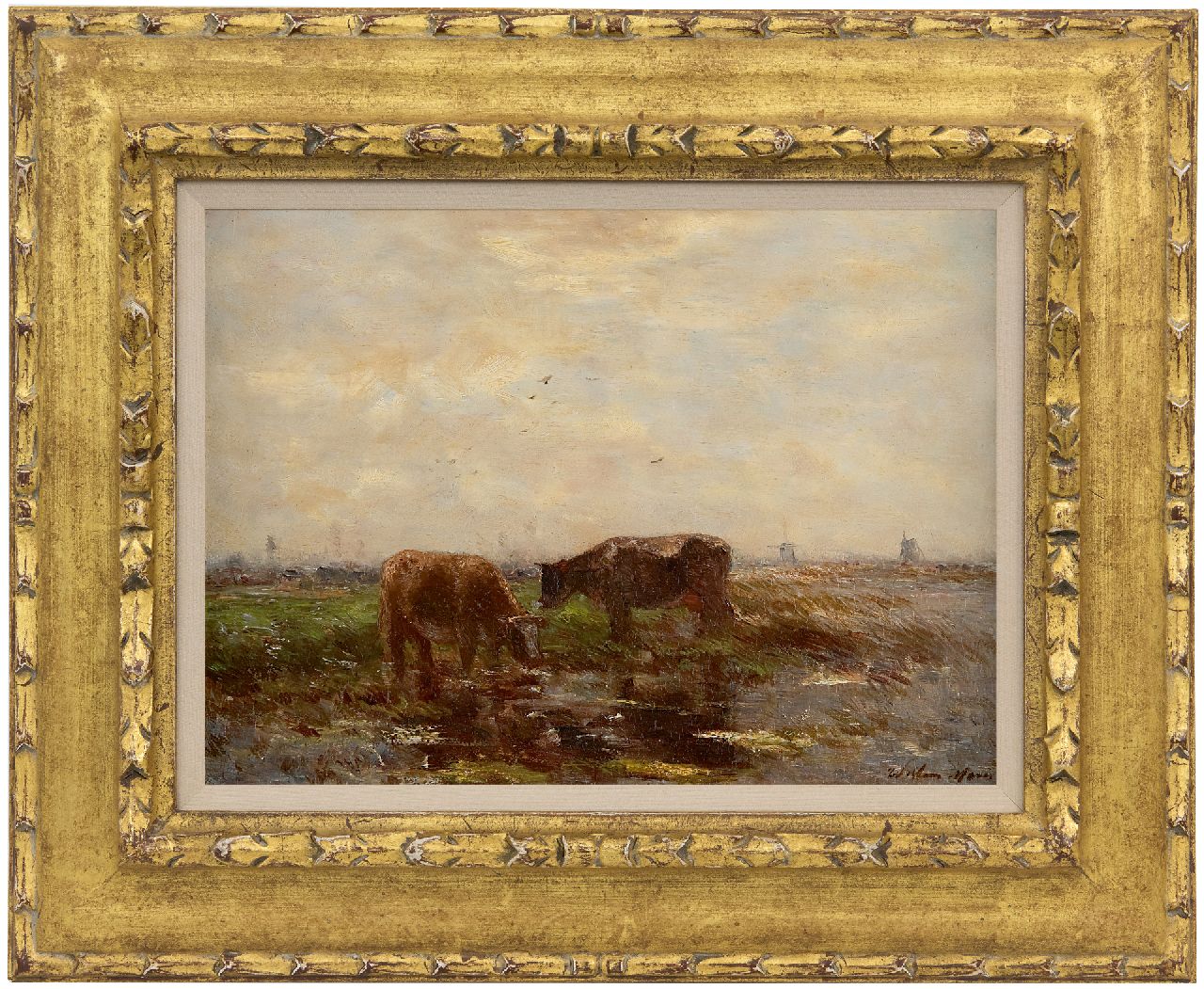 Maris W.  | Willem Maris, Weidende Kühe in Polderlandschaft, Öl auf Holz 24,1 x 32,6 cm, Unterzeichnet r.u.