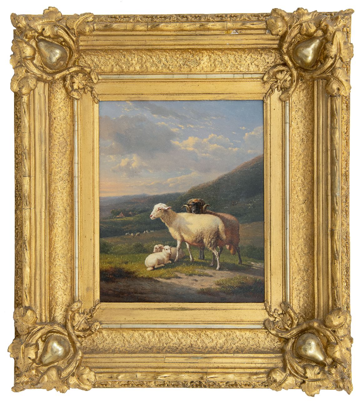 Severdonck F. van | Frans van Severdonck | Gemälde zum Verkauf angeboten | Widder mit Schaf und Lämmern in Hügellandschaft, Öl auf Holz 30,8 x 25,8 cm