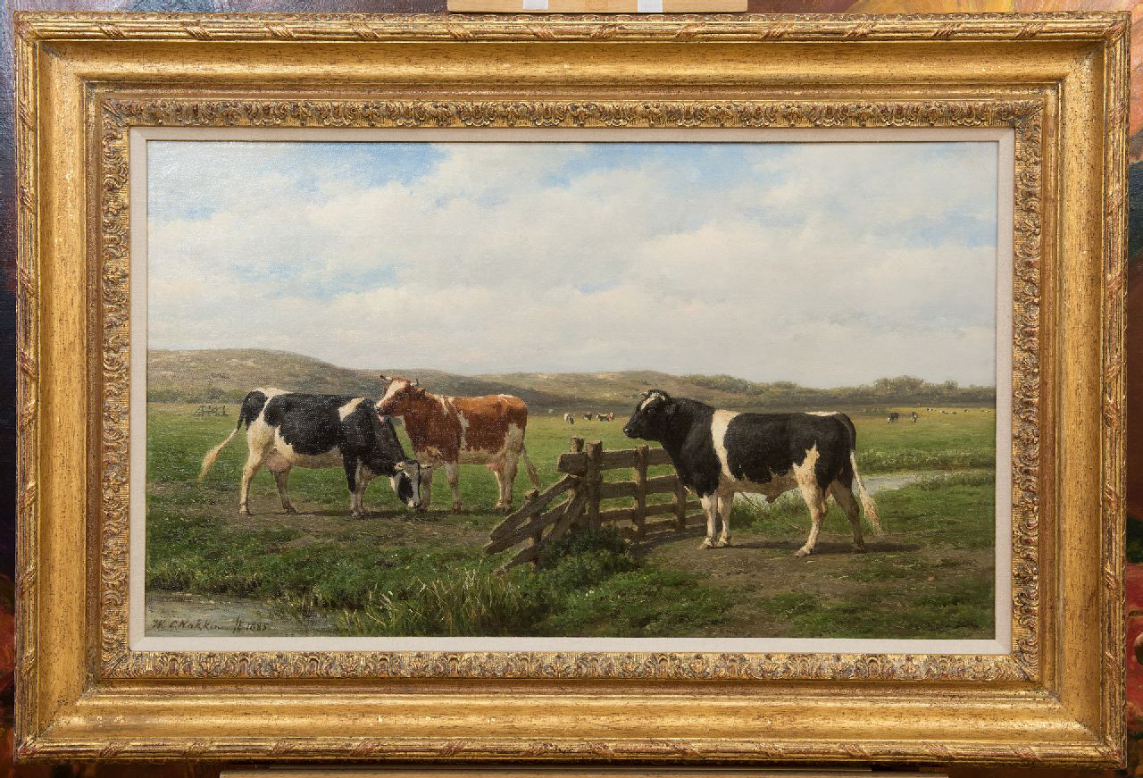 Nakken W.K.  | Willem Karel 'W.C.' Nakken, Kühe und Stier bei einem Zaun, Öl auf Leinwand 42,4 x 72,5 cm, Unterzeichnet l.u. und datiert 1885