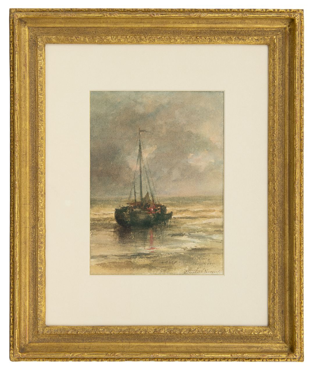 Verwoert M.E.  | Maria 'Elisabeth' Verwoert | Aquarelle und Zeichnungen zum Verkauf angeboten | 'Bomschiff' vor Anker am Strand, Aquarell auf Papier 29,8 x 22,2 cm, Unterzeichnet r.u.