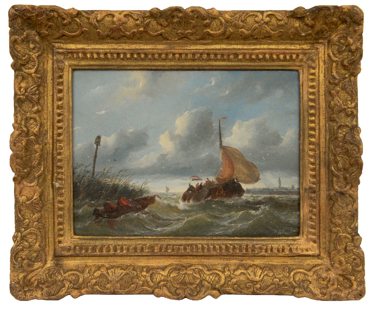 Beest A. van | Albertus van Beest | Gemälde zum Verkauf angeboten | Bojer bei der stürmischen Hafeneinfahrt, Öl auf Holz 23,5 x 33,6 cm, Unterzeichnet r.u.