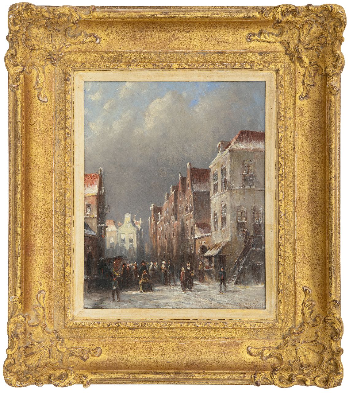 Vertin P.G.  | Petrus Gerardus Vertin | Gemälde zum Verkauf angeboten | Belebte Gasse im Winter mit Figuren bei einer Bude, Öl auf Holz 22,1 x 17,7 cm, Unterzeichnet r.u. und datiert '92