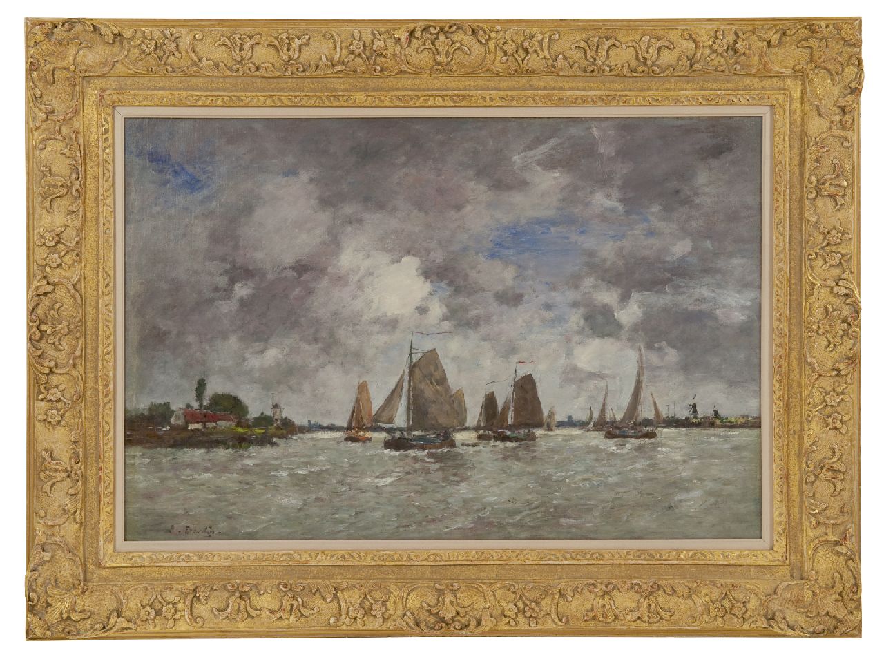 Boudin E.L.  | 'Eugène' Louis Boudin, Segelschiffe auf der Maas, Öl auf Leinwand 49,7 x 74,2 cm, Unterzeichnet l.u.