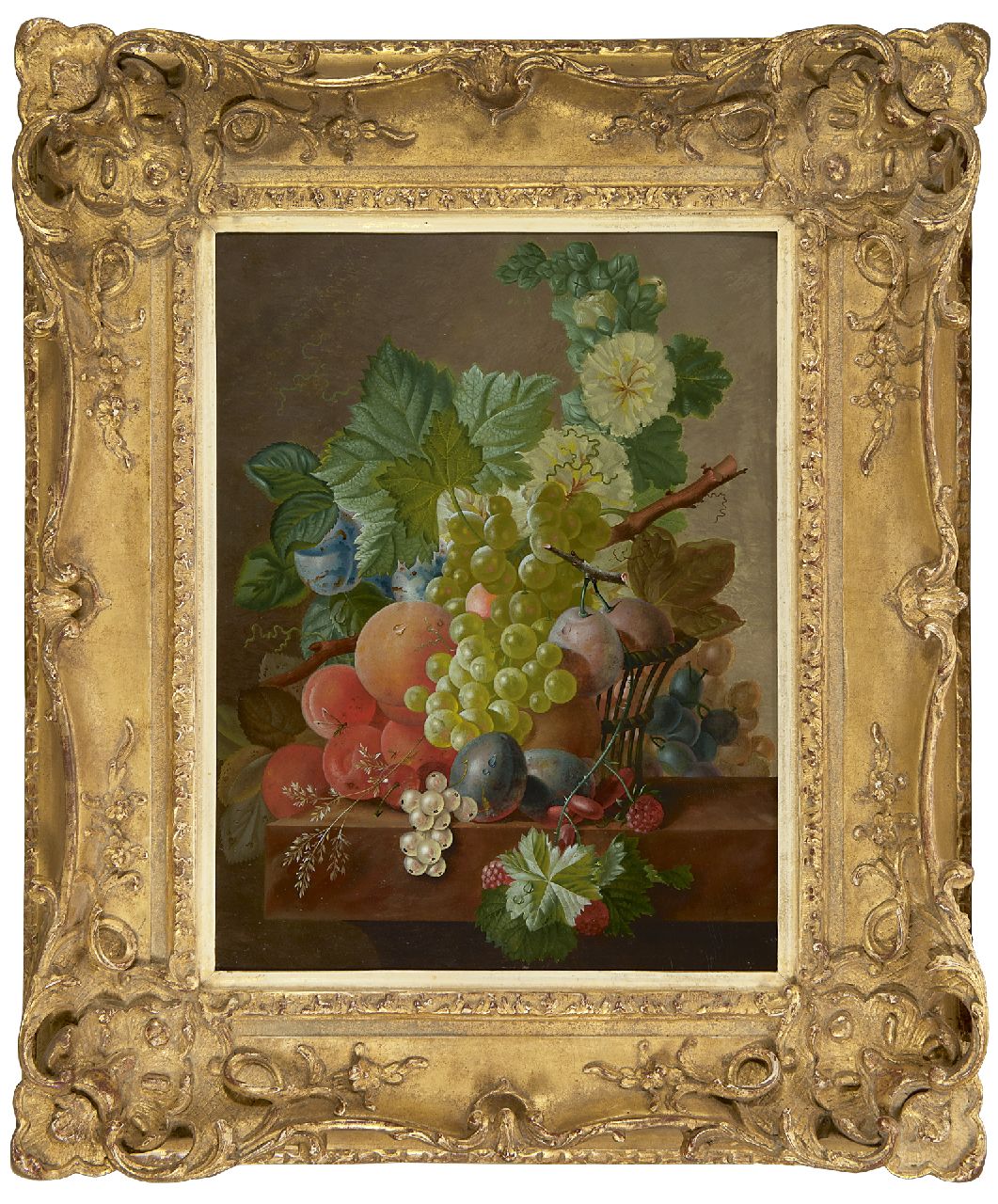 Bruyn J.C. de | Johannes Cornelis de Bruyn | Gemälde zum Verkauf angeboten | Trauben, Pfirsiche und weiteres Obst auf einer Steinfußleiste, Öl auf Holz 42,6 x 32,6 cm