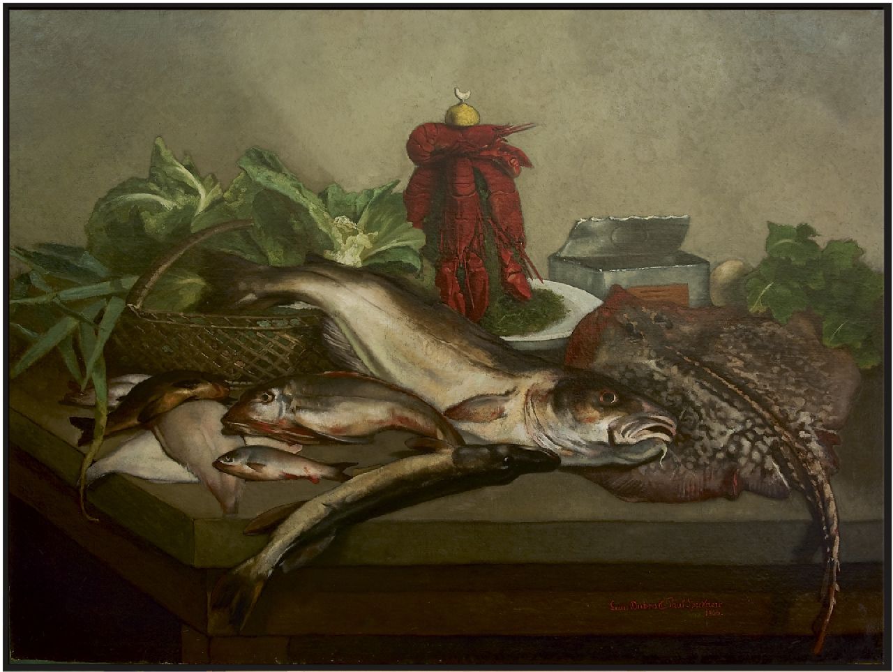 Dubois/Speekaert L./L.  | Louis/Léopold Dubois/Speekaert | Gemälde zum Verkauf angeboten | Silleben mit Fisch und Krebs, Öl auf Leinwand 105,9 x 142,2 cm, Unterzeichnet r.u. von beiden Künstlern und datiert 1866