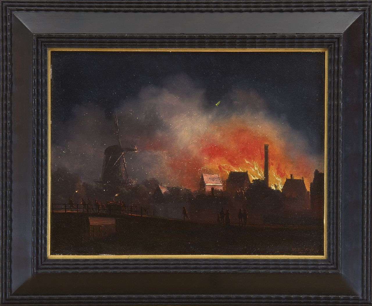 Cate H.G. ten | Hendrik Gerrit ten Cate, Brand in der Nacht (möglich der Zuckerrafinnerie J.H. Rupe & Zn in Amsterdam, 19 Oktober 1845), Öl auf Holz 21,0 x 27,7 cm, Unterzeichnet r.u. und datiert 1849