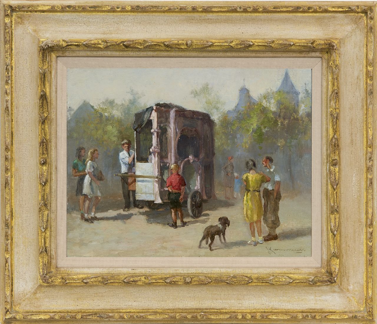 Kaemmerer J.H.  | Johan Hendrik Kaemmerer | Gemälde zum Verkauf angeboten | Die Drehorgel, Öl auf Holz 21,6 x 27,8 cm, Unterzeichnet r.u.
