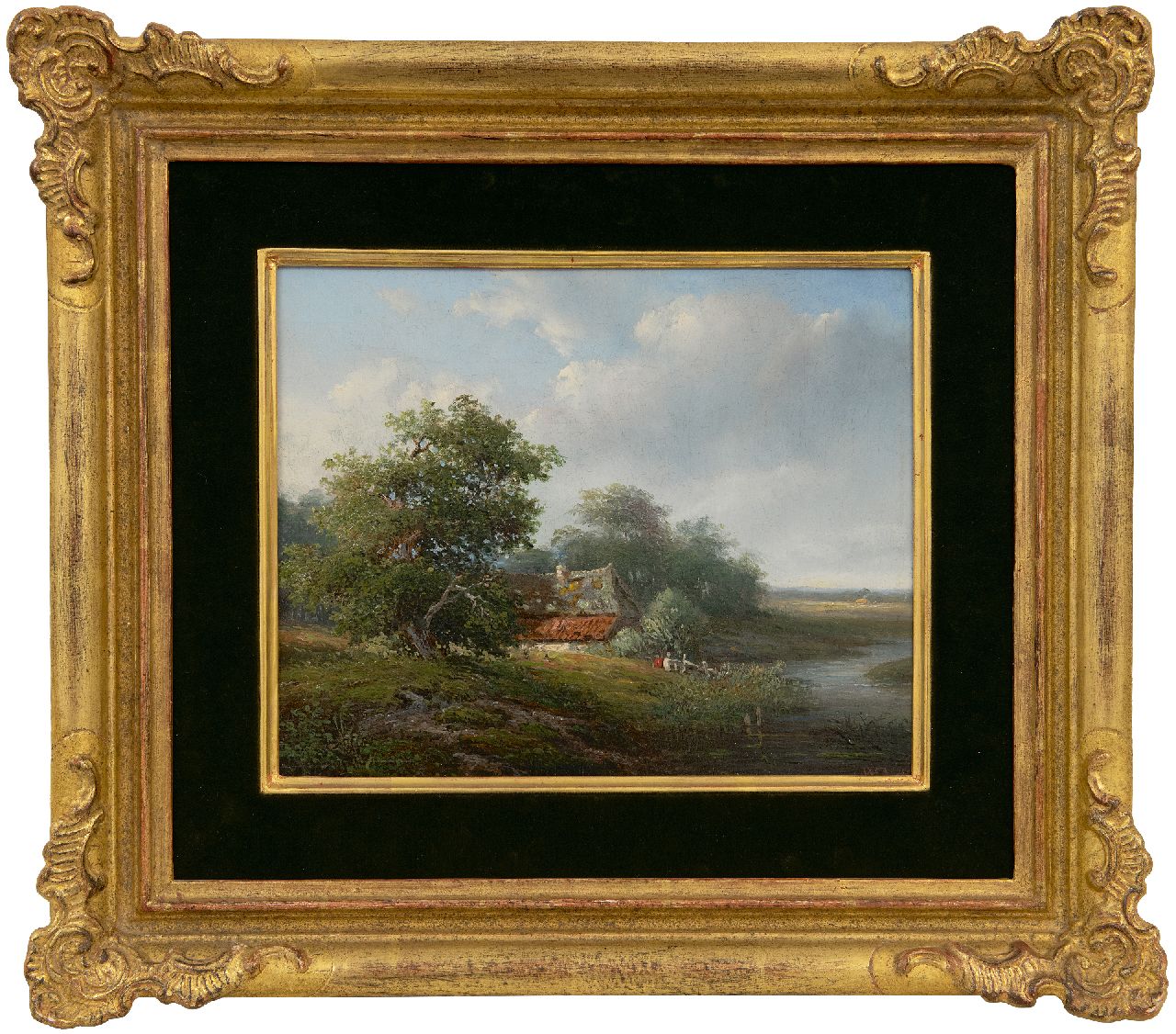 Vester W.  | Willem Vester | Gemälde zum Verkauf angeboten | Sommerlandschaft mit Bauernhof, Öl auf Holz 22,0 x 27,3 cm, Unterzeichnet r.u. mit Initialen und datiert 1850