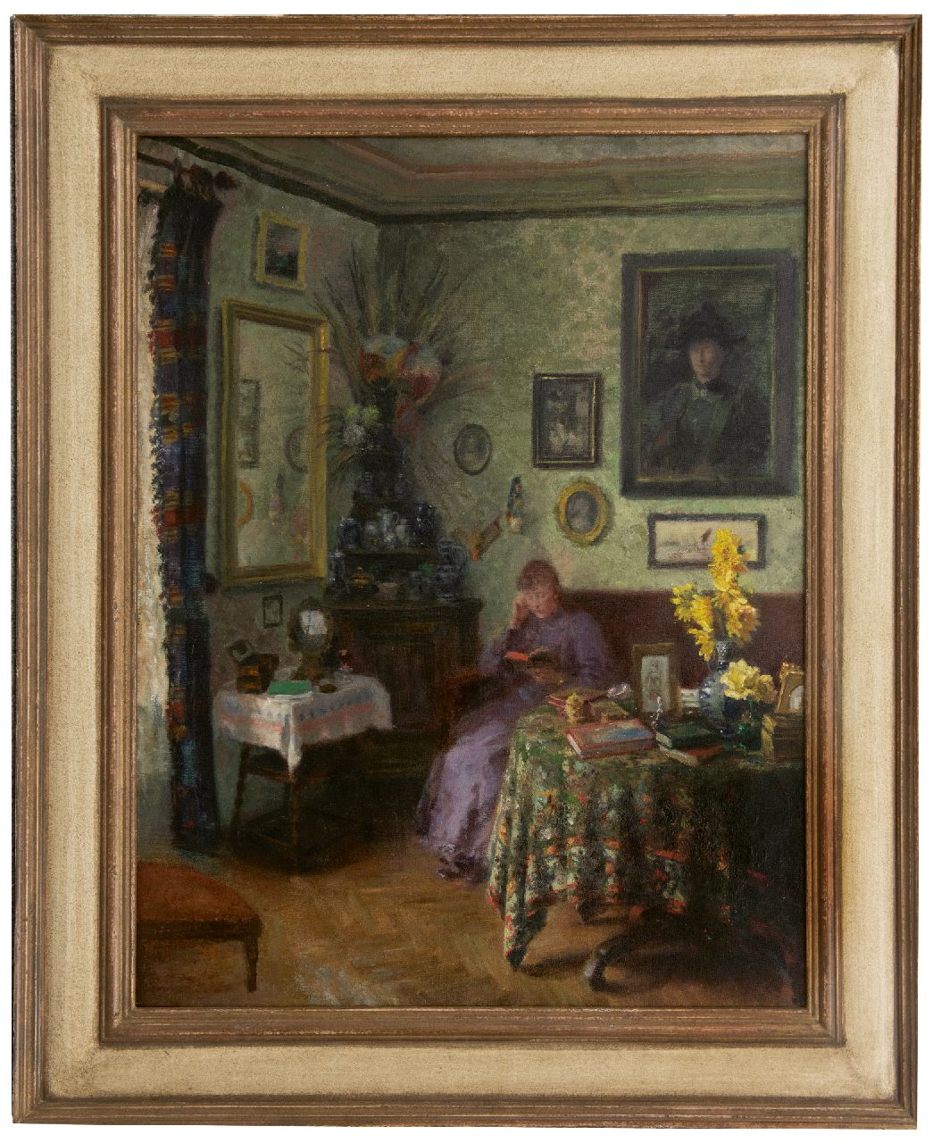 Hollandse School, begin 20e eeuw   | Hollandse School, begin 20e eeuw | Gemälde zum Verkauf angeboten | Innenraum mit lesender Frau, Öl auf Leinwand 85,4 x 66,4 cm