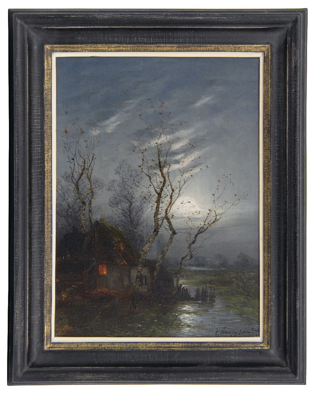 Jungblut J.  | Johann Jungblut, Bauernhof im Polder bei Mondlicht, Öl auf Holz 24,0 x 17,7 cm, Unterzeichnet r.u.