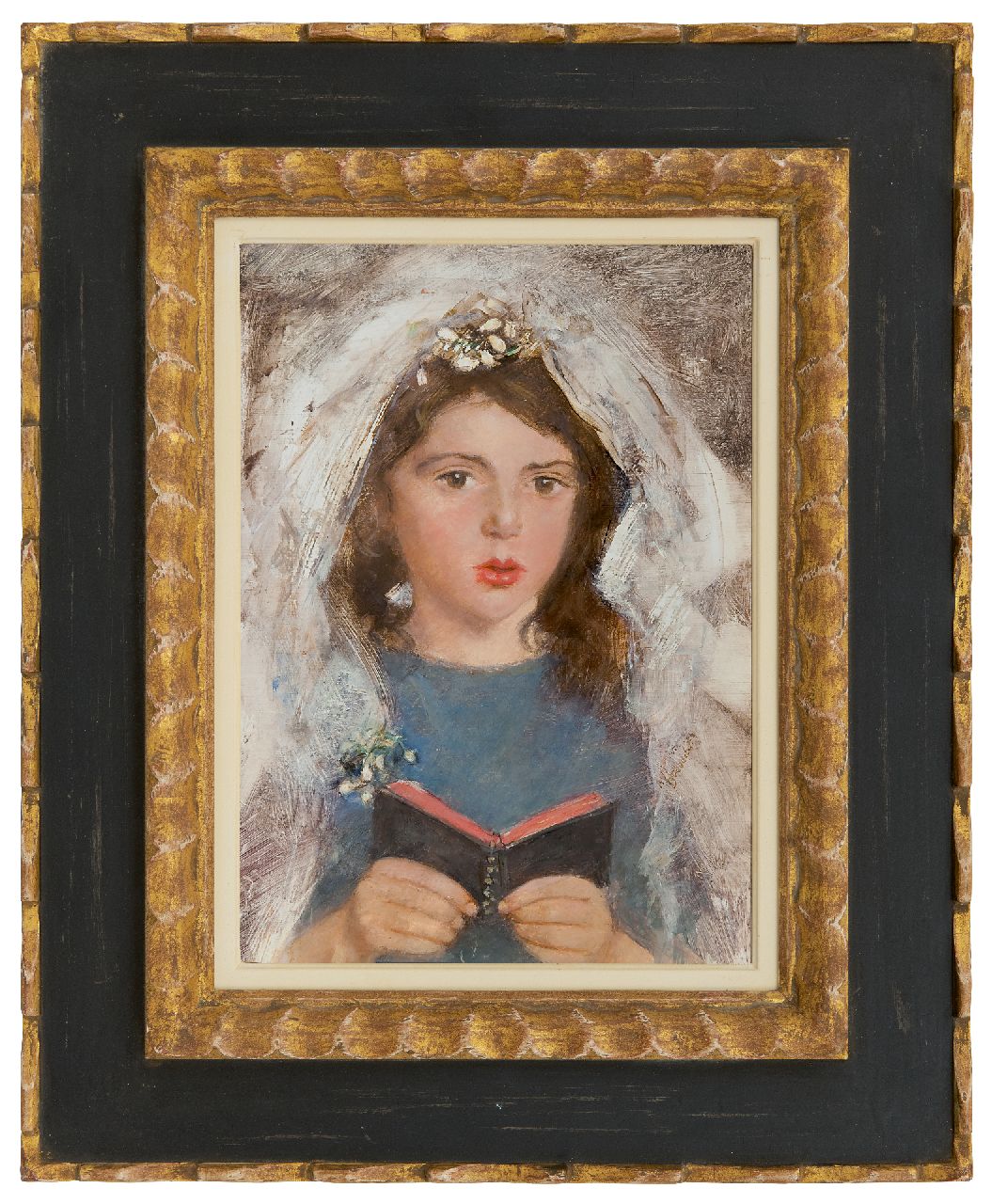 Broedelet A.V.L.  | 'André' Victor Leonard Broedelet, Kommunikantin Emmetje de Leeuw, Öl auf Malereifaser 30,3 x 21,5 cm, Unterzeichnet M.r.