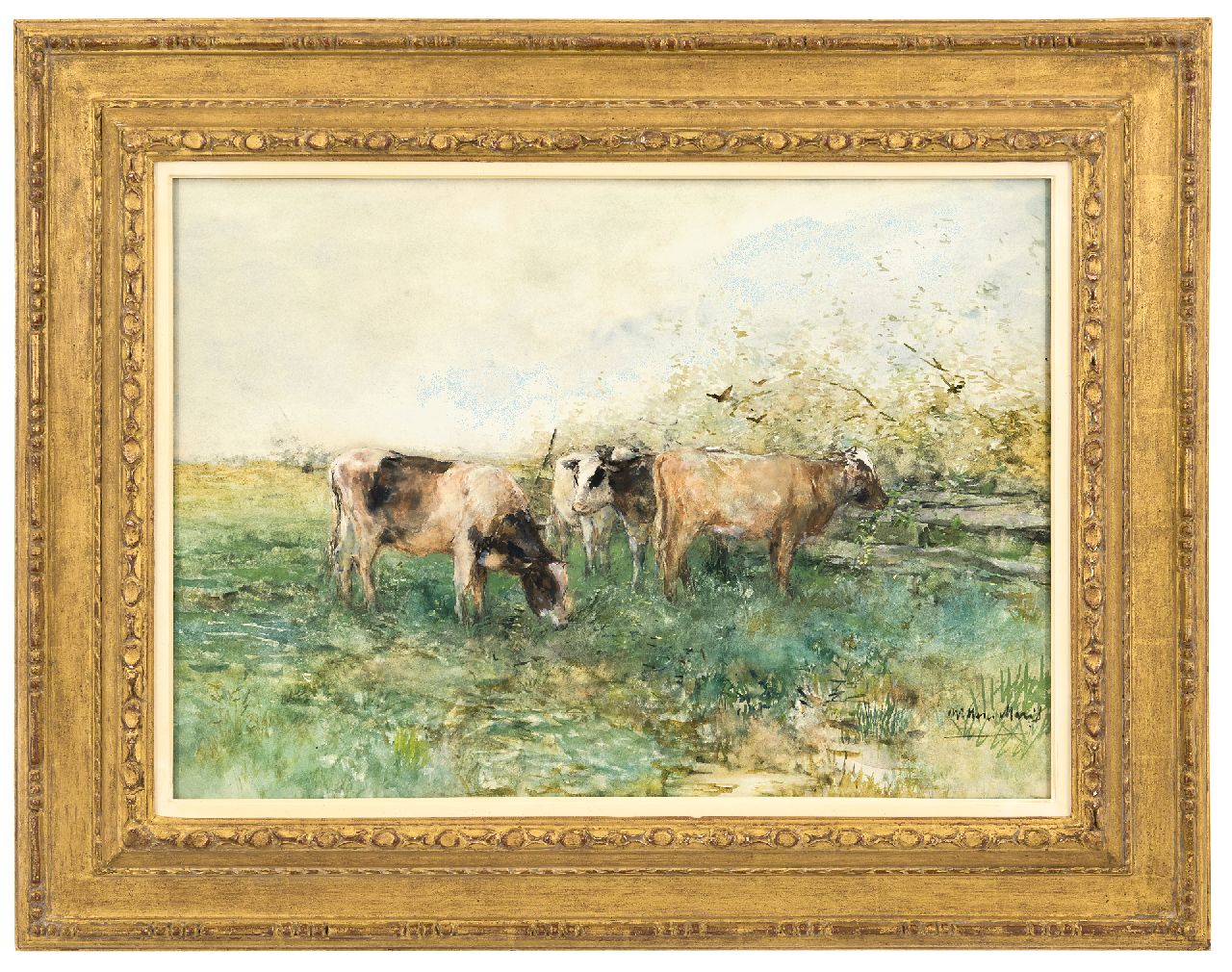 Maris W.  | Willem Maris | Aquarelle und Zeichnungen zum Verkauf angeboten | Weidende Kühe, Aquarell und Gouache auf Papier 41,4 x 57,8 cm, Unterzeichnet r.u.