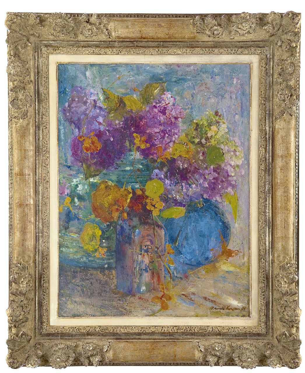 Verster van Wulverhorst (Floris Verster) F.H.  | Floris Hendrik Verster van Wulverhorst (Floris Verster), Flaschen mit Kapuzinerkressen und Hortensien, Öl auf Leinwand 73,7 x 56,5 cm, Unterzeichnet r.u. und datiert '94