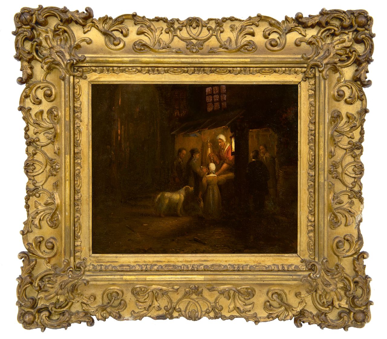 Haanen G.G.  | George Gillis Haanen | Gemälde zum Verkauf angeboten | Marktbude mit Figuren im Kerzenlicht, Öl auf Holz 19,7 x 22,4 cm