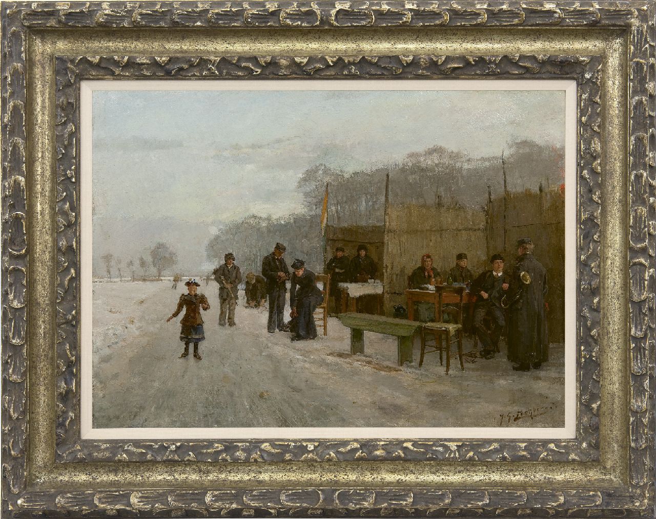 Heijberg J.G.  | Johannes Gerardus Heijberg | Gemälde zum Verkauf angeboten | Bei der Koek-en-zopie- Bude auf dem Eis, Öl auf Leinwand 35,0 x 48,4 cm, Unterzeichnet u.r.