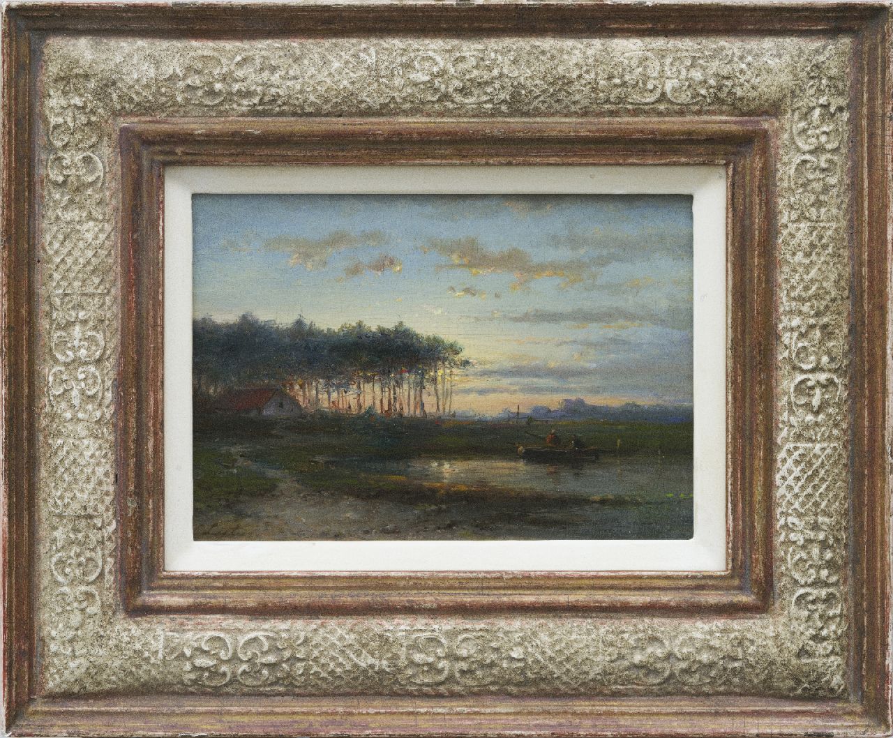 Lieste C.  | Cornelis Lieste, Abendlandschaft mit Fischern in einem Boot, Öl auf Holz 13,1 x 18,7 cm, Unterzeichnet l.u.