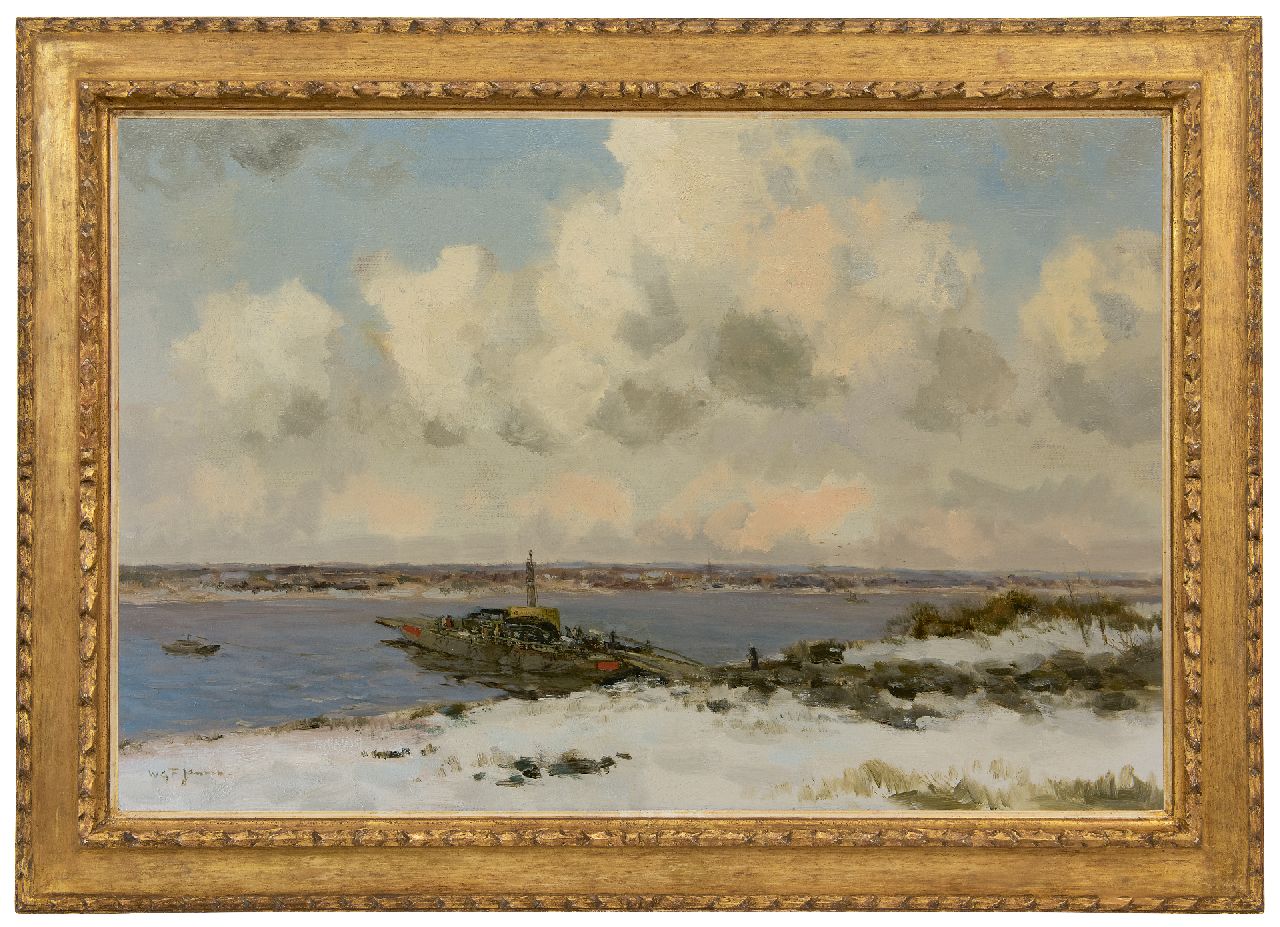 Jansen W.G.F.  | 'Willem' George Frederik Jansen | Gemälde zum Verkauf angeboten | Winterlandschaft mit Fähre, Öl auf Leinwand 60,5 x 90,5 cm, Unterzeichnet l.u.