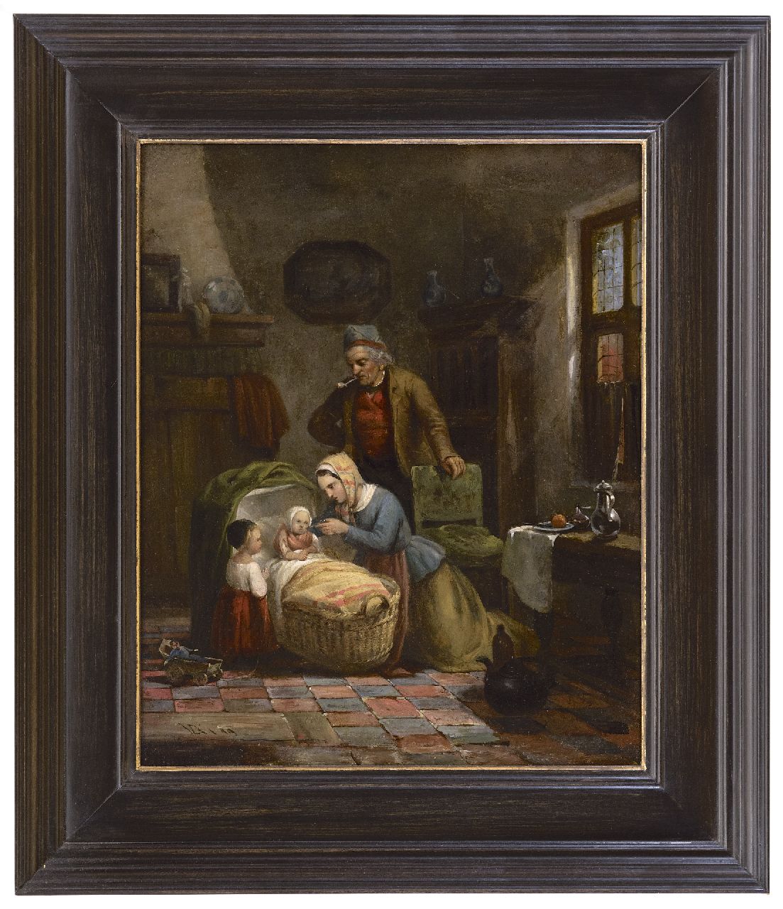 Kellen III D. van der | David van der Kellen III | Gemälde zum Verkauf angeboten | Fischerfamilie im Innenraum, Öl auf Holz 32,0 x 26,1 cm, Unterzeichnet l.u. mit Monogramm und datiert '49