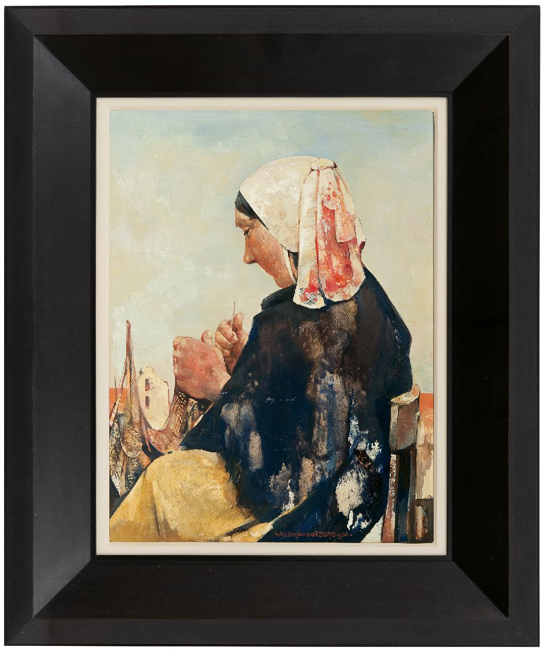 Berg W.H. van den | 'Willem' Hendrik van den Berg | Gemälde zum Verkauf angeboten | Netzen flicken in Scheveningen, Öl auf Malereifaser 39,8 x 29,9 cm, Unterzeichnet r.aus der M. und datiert 1966