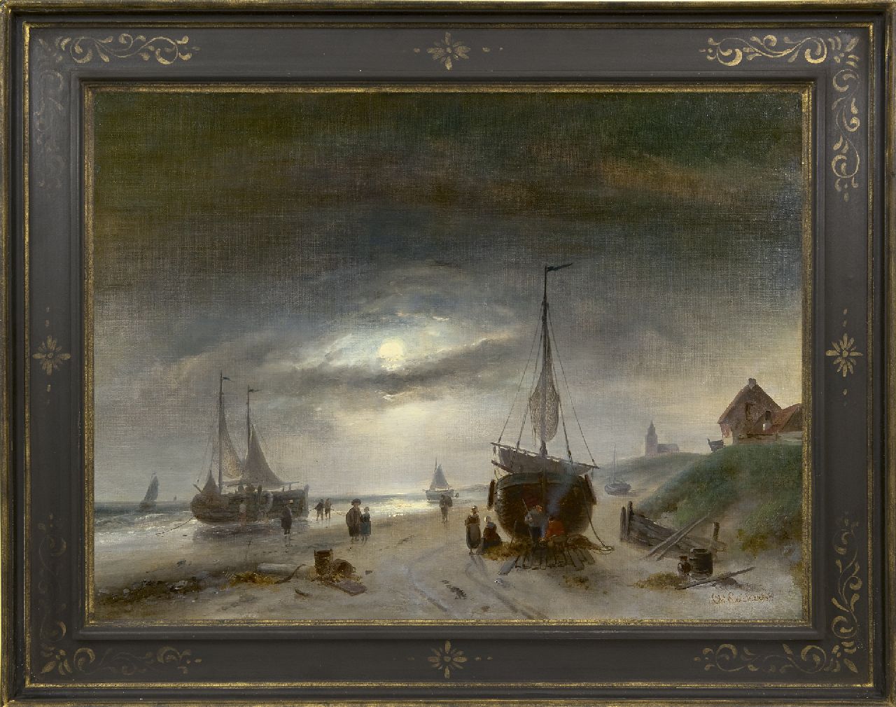 Leickert C.H.J.  | 'Charles' Henri Joseph Leickert, Fischer und Boote auf dem Strand von  SCheveningen, im Mondlicht, Öl auf Leinwand 48,6 x 65,6 cm, Unterzeichnet r.u.