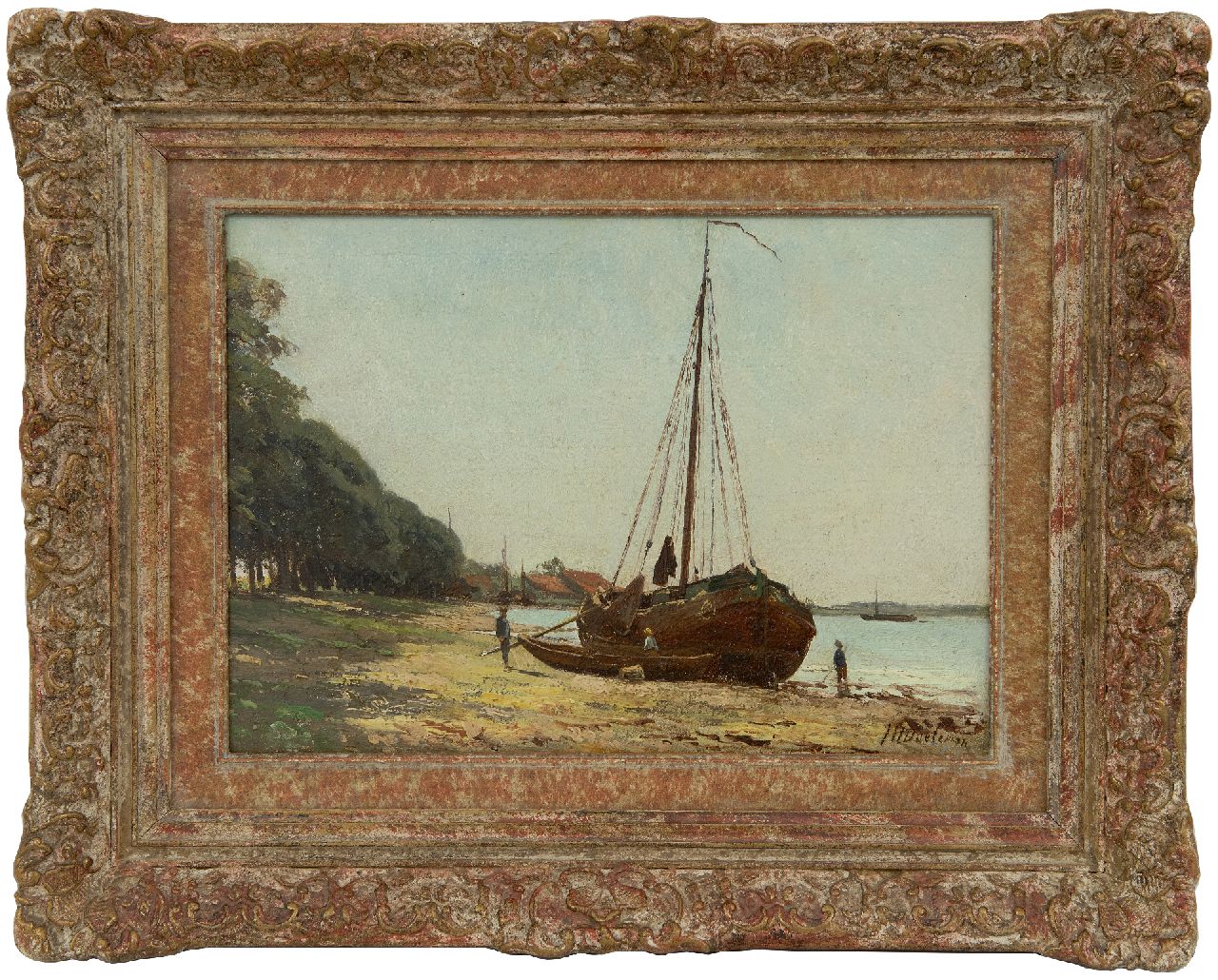 Doeleman J.H.  | Johan Hendrik Doeleman | Gemälde zum Verkauf angeboten | Plattboden Boot bei Ebbe, Öl auf Holz 19,6 x 28,0 cm, Unterzeichnet r.u.