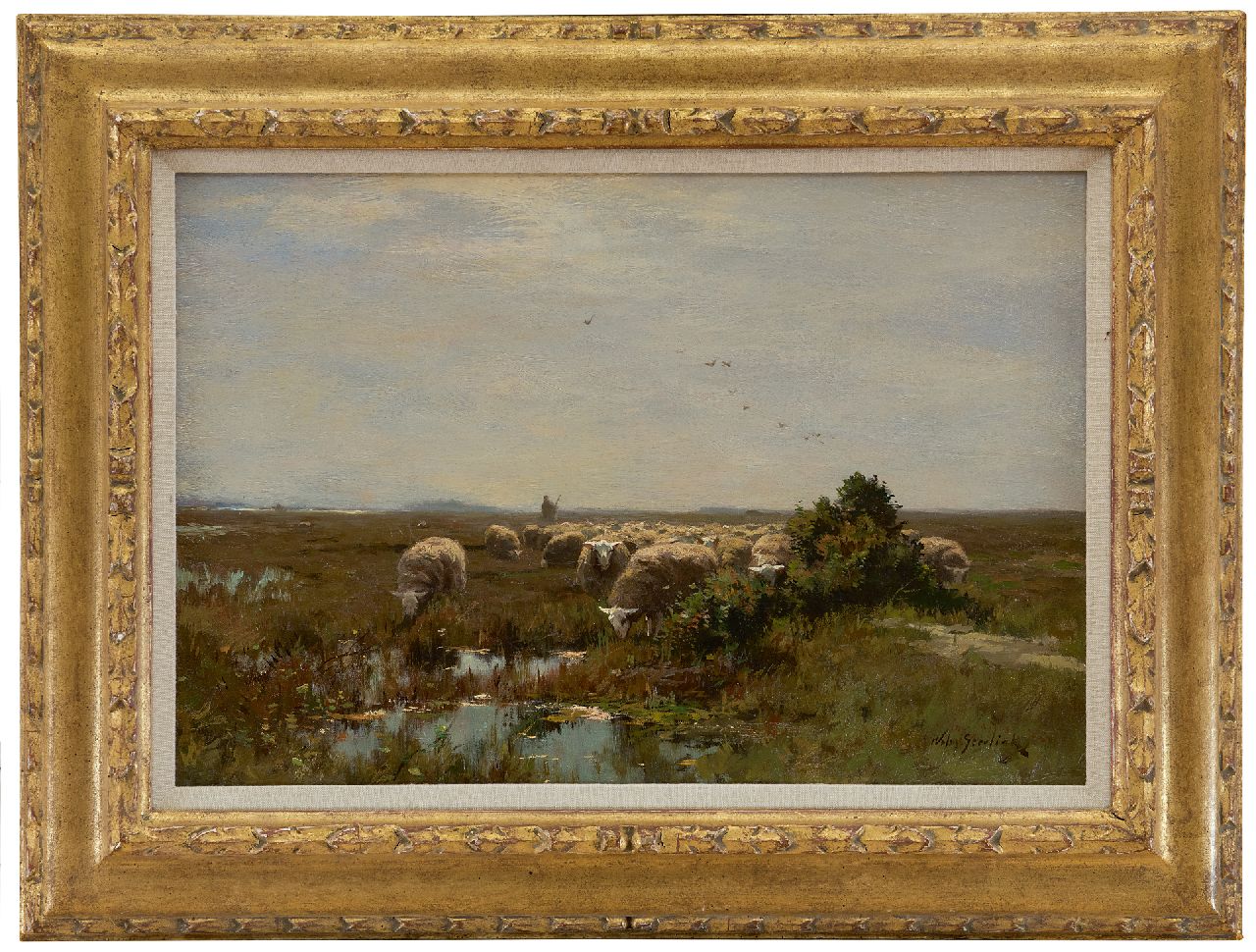 Steelink jr. W.  | Willem Steelink jr. | Gemälde zum Verkauf angeboten | Grasende Schafe auf der Heide, Öl auf Leinwand 33,1 x 48,0 cm, Unterzeichnet r.u.
