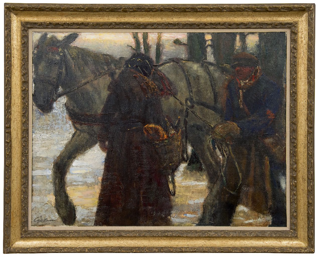 Westermann G.B.J.  | Gerhardus Bernardus Josephus 'Gerard' Westermann | Gemälde zum Verkauf angeboten | Figuren bei einem Zugpferd, Öl auf Leinwand 77,0 x 100,0 cm, Unterzeichnet l.u.