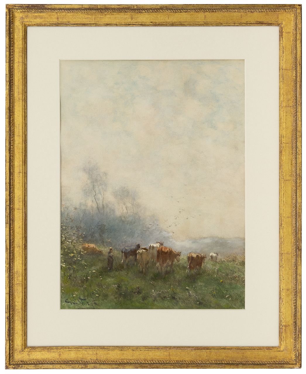 Vrolijk J.M.  | Johannes Martinus 'Jan' Vrolijk, Hirtin mit ihrer Herde im Morgennebel, Aquarell auf Papier 53,5 x 39,4 cm, Unterzeichnet l.u.
