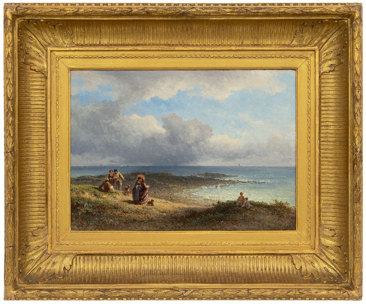 Hilverdink J.  | Johannes Hilverdink | Gemälde zum Verkauf angeboten | Elegante Spaziergänger an der französischen Küste, Öl auf Holz 23,6 x 34,2 cm, Unterzeichnet l.u. und datiert 1873