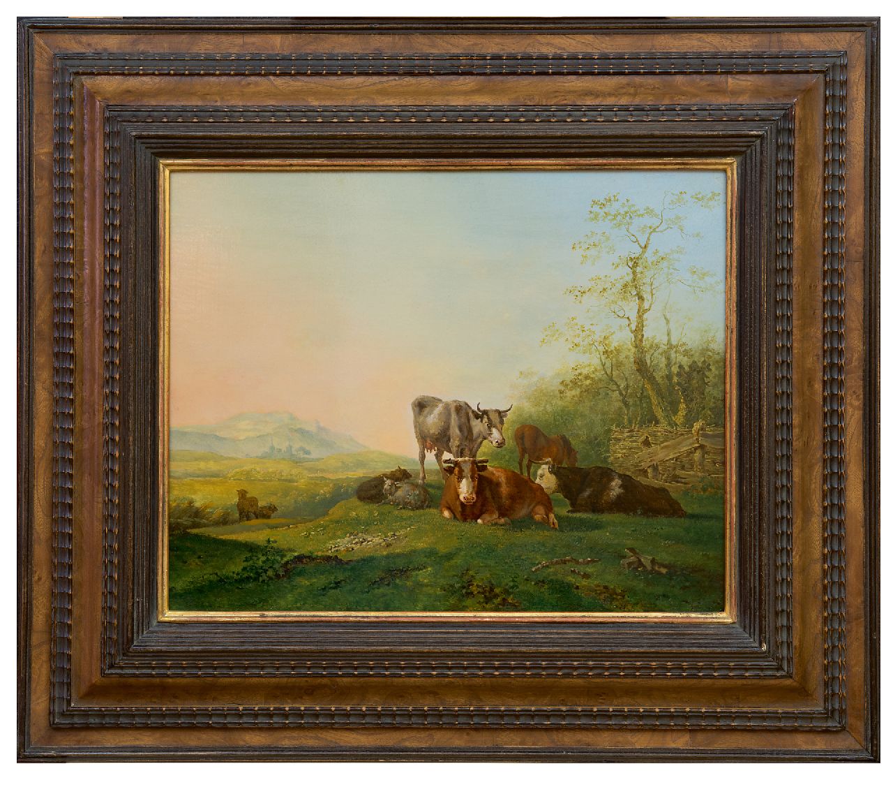 Straaten B. van | Bruno van Straaten | Gemälde zum Verkauf angeboten | Kühe und Schafe bei einem Zaun, Öl auf Holz 29,7 x 36,9 cm, Unterzeichnet r.u.