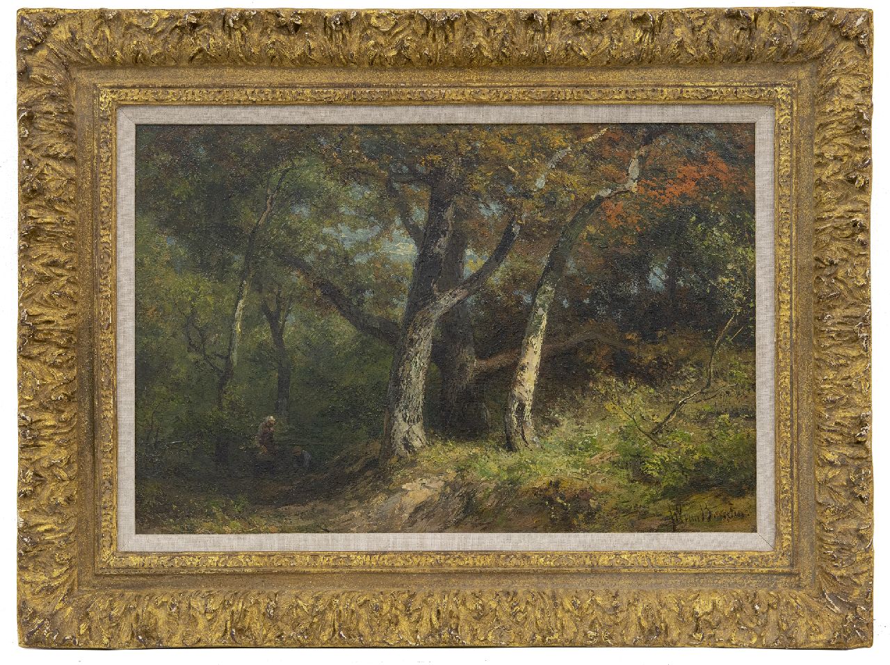 Borselen J.W. van | Jan Willem van Borselen, Holzleser im Waldweg, Öl auf Holz 27,8 x 42,0 cm, Unterzeichnet r.u.