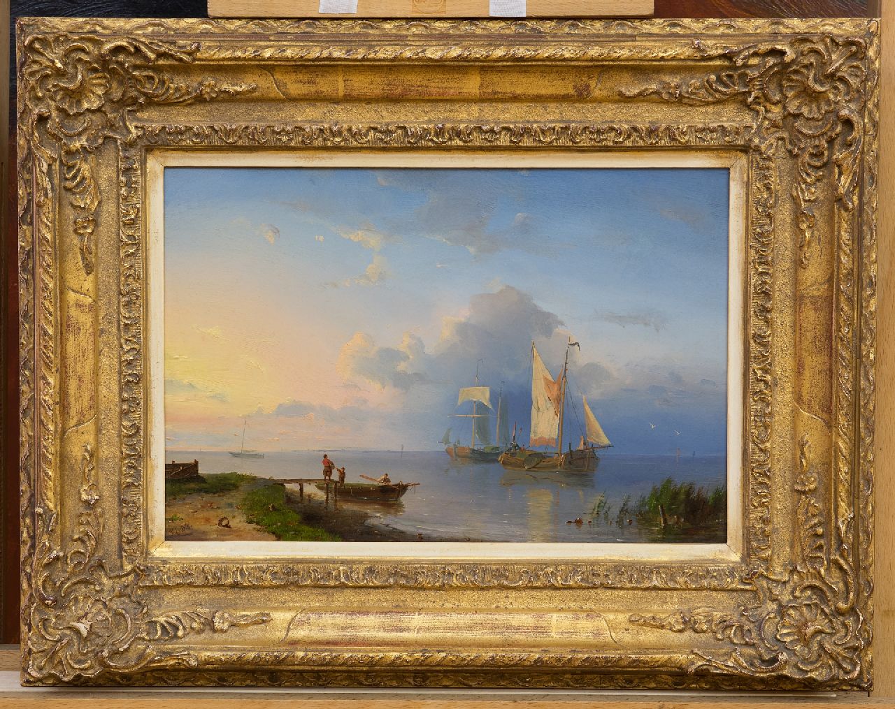 Dommershuijzen P.C.  | Pieter Cornelis Dommershuijzen | Gemälde zum Verkauf angeboten | Flußlandschaft mit Segelschiffen bei Sonnenaufgang, Öl auf Holz 22,0 x 32,6 cm, Unterzeichnet l.u. mit Initialen und datiert '54