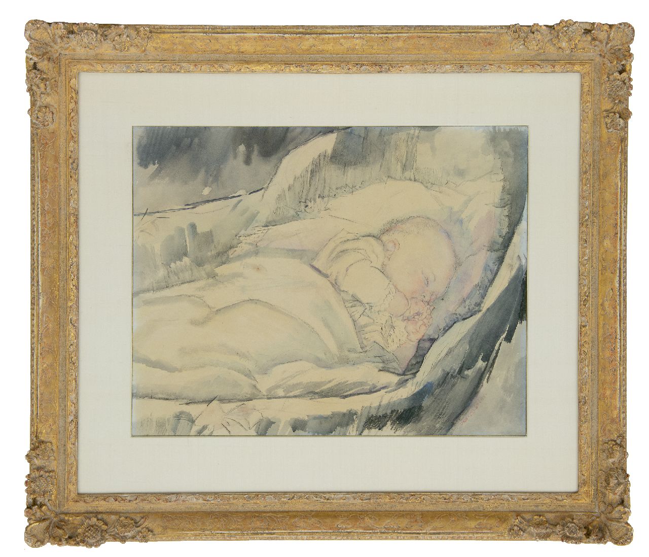 Sluijters J.C.B.  | Johannes Carolus Bernardus 'Jan' Sluijters | Aquarelle und Zeichnungen zum Verkauf angeboten | Schlafendes Baby, Schwarze Kreide und Aquarell auf Papier 43,3 x 55,1 cm, Unterzeichnet r.u.