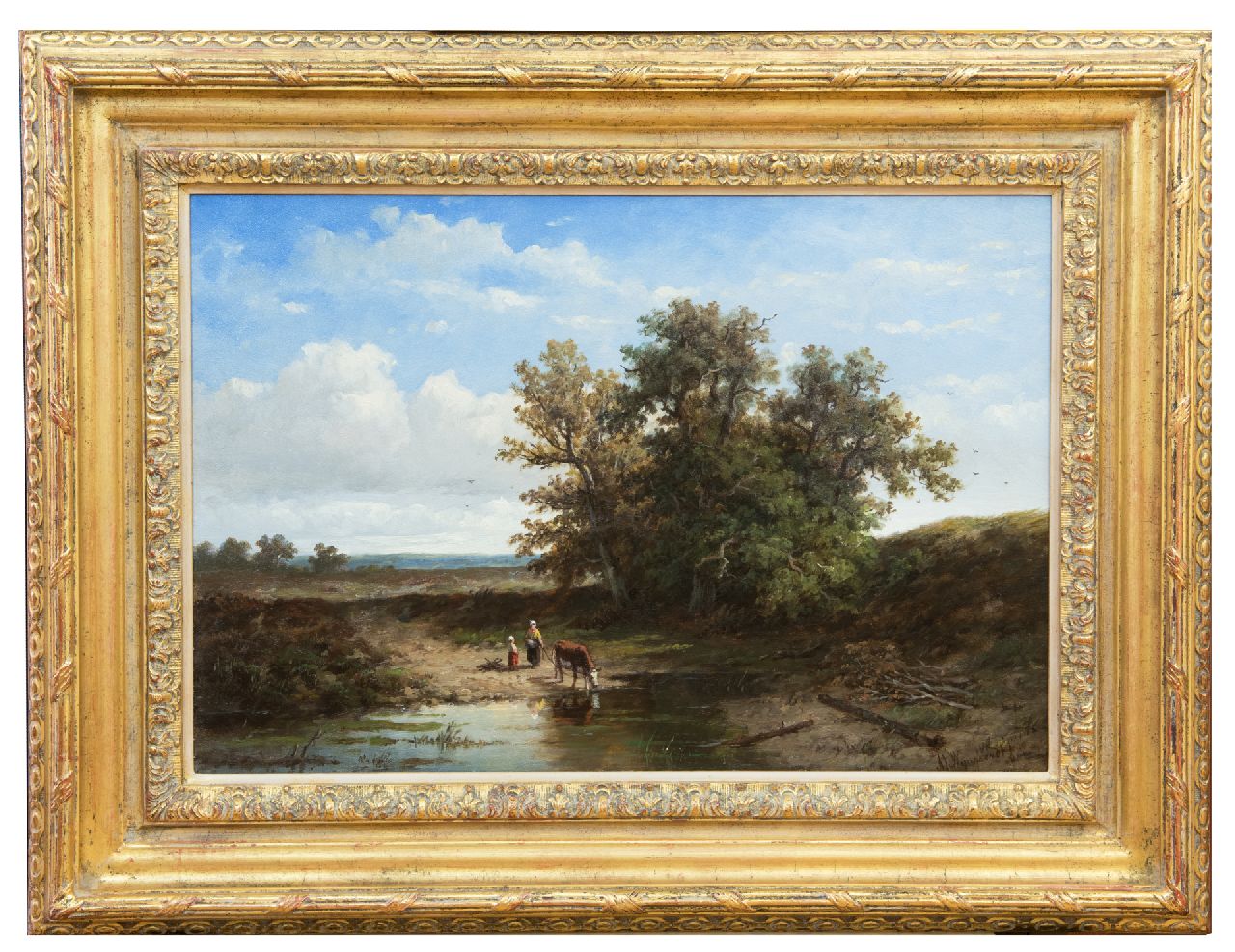 Wijngaerdt A.J. van | Anthonie Jacobus van Wijngaerdt | Gemälde zum Verkauf angeboten | Bäuerin mit trinkender Kuh bei einem Moortümpel, Öl auf Leinwand 37,2 x 54,4 cm, Unterzeichnet r.u.