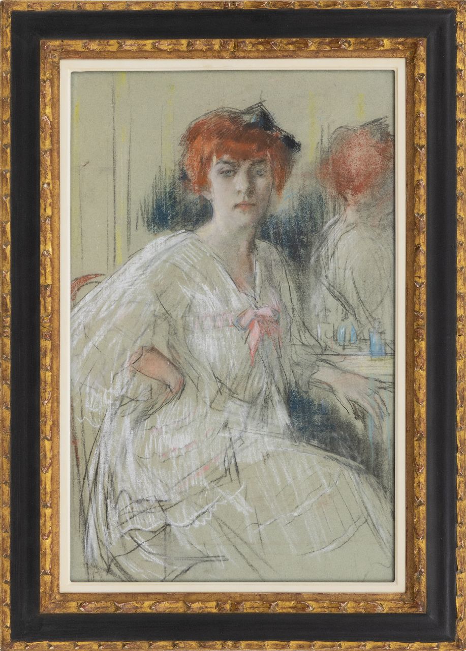 Garf S.  | Salomon Garf | Aquarelle und Zeichnungen zum Verkauf angeboten | Junge Frau vor ihrem Toilettentisch, Pastell auf Papier 59,9 x 38,5 cm
