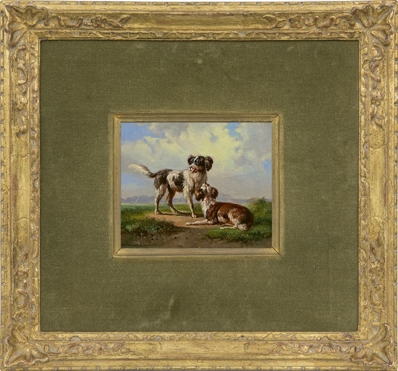 Verhoesen A.  | Albertus Verhoesen, Zwei Jagdhunde in einer Landschaft, Öl auf Holz 10,8 x 12,4 cm, Unterzeichnet l.u. und datiert 1864