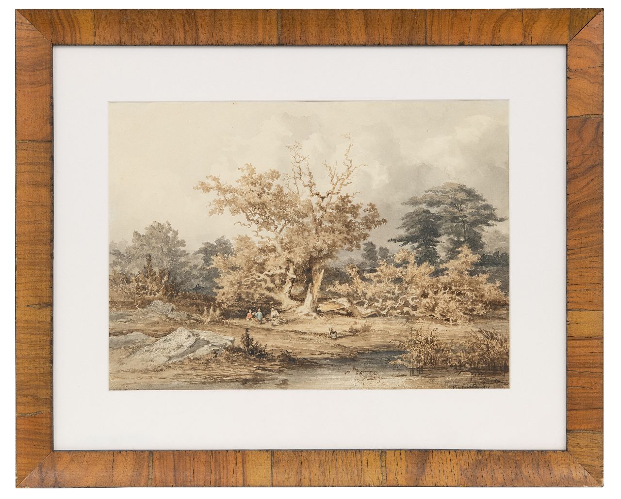 Kuytenbrouwer II M.A.  | Martinus Antonius Kuytenbrouwer II | Aquarelle und Zeichnungen zum Verkauf angeboten | Anblick im Wald von Fontainebleau, Braune Tinte, schwarze Kreide und Aquarell auf Papier 24,6 x 34,0 cm, Unterzeichnet r.u.