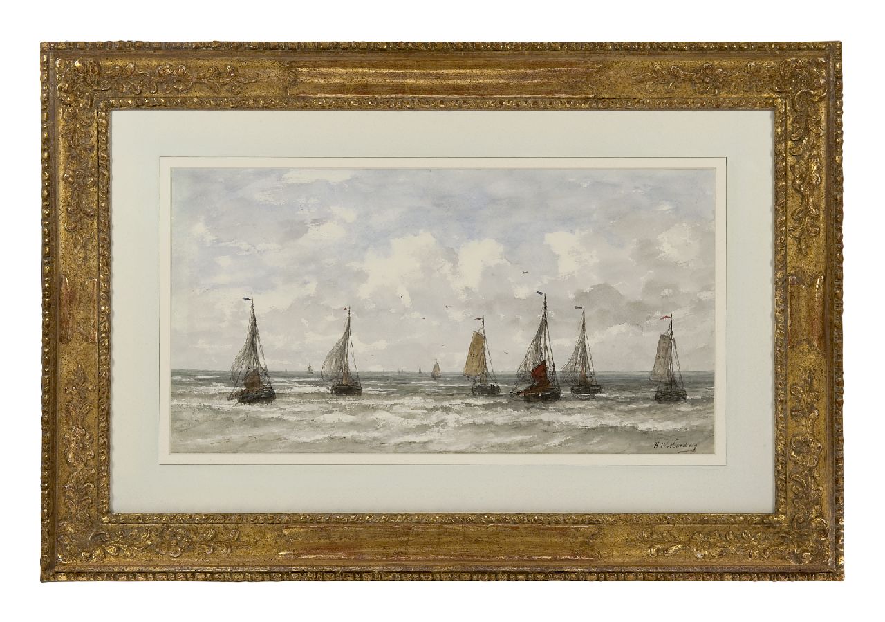 Mesdag H.W.  | Hendrik Willem Mesdag, Sailing vessels in the breakers, Aquarell und Gouache auf Papier 34,7 x 65,7 cm, signed l.r.