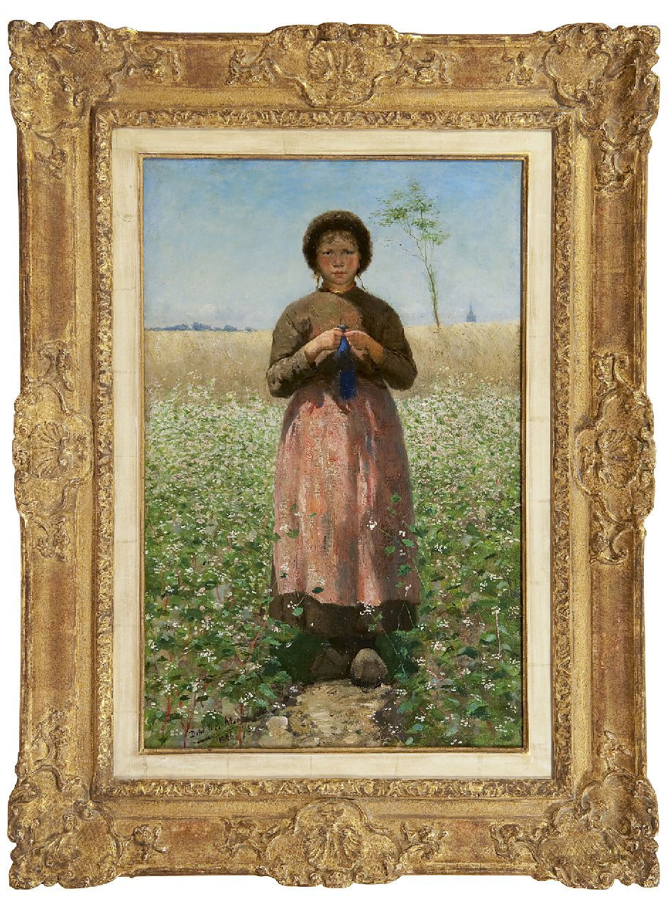 Mar D. de la | David de la Mar, A knitting peasant girl in a flowering buckwheat field, Öl auf Leinwand 54,2 x 35,0 cm, signed l.l. und dated 1886