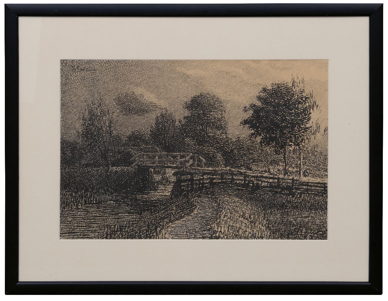 Haas W.F.  | Willem Frederik Haas | Aquarelle und Zeichnungen zum Verkauf angeboten | Holländische Landschaft, Feder und Tinte auf Papier 35,9 x 49,6 cm, Unterzeichnet l.o.